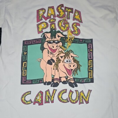 VTG Rasta Pigs Single Stitch T Shirt Cancun Mexico Medium Langosta Aztec 420 