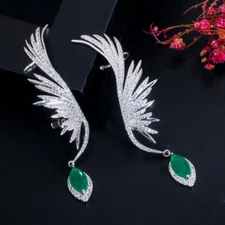 A Pair Cubic Zirconia Feather Wing Long Drop Ear Cuff Cartilage Green Earrings