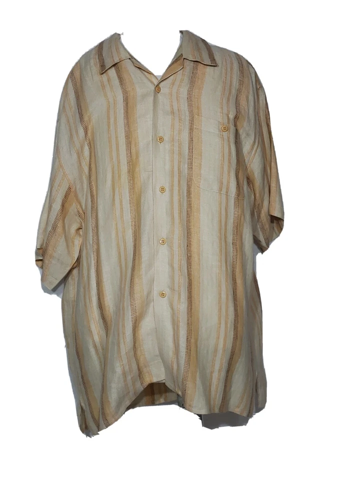 Dreams Hombre Talla XL 100% Lino Rayado Crema y Naranja Mangas Cortas De Colección Foto 3 de 4