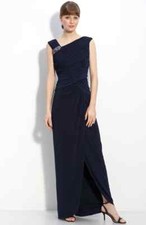 Adrianna Papell Crystal Brooch Ruched Jersey Gown Sz 14 Navy