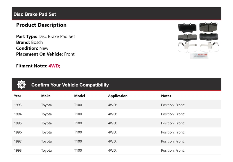 Pastillas de freno de cerámica azul Bosch para Toyota T100 1993-1998 4x4 con herrajes delanteros Foto 2 de 4