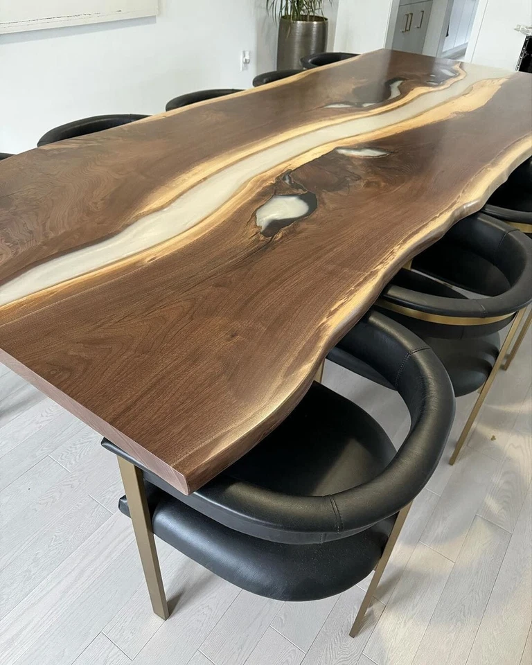 Custom Walnut Wood White River Epoxy Dining Table - Live Edge Design - Image 3 of 4