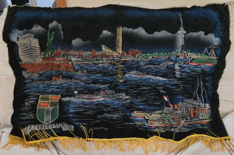 VINTAGE SOUVENIR BLACK VELVET PAINTED WALL HANGING--ROTTERDAM--36" X 24" APPROX.