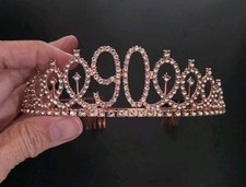 90th Ninety Years Old Birthday Party Tiara Hair Crown w/ Side Combs Rose Gold