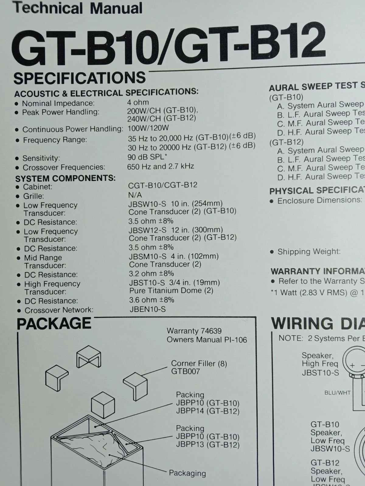 JBL GT-B10 GT-B12 Speakers Specifications Schematic Service Manual Original