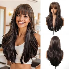 Real Human Hair New Fashion Women's Layered Long Dark Brown Wavy Full Wigs 24 In