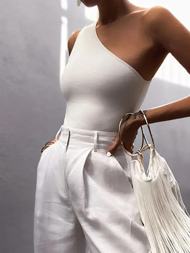 Canottiere sportive donna sexy crop top canotta casual donna monospalla estate - Foto 22 di 27