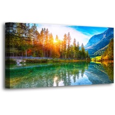Scenery Canvas Wall Art for Living 48"L x 24"W, Sunshine Forest Lake Mountain