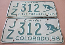 HTF  1958 COLORADO SKIER LICENSE PLATE PAIR   #JZ 312   DENVER COUNTY   AS FOUND