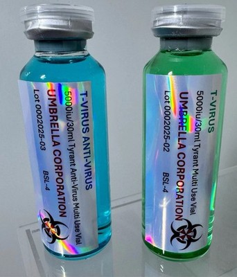 Set of 2 (30ml) Umbrella Corp Vial Props- Includes the T-Virus & the Anti-Virus