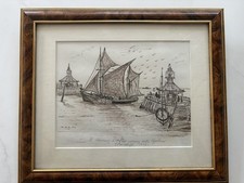 Framed mounted pen/ink Herringboat Lowestoft maritime art signed walnut effect