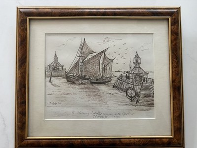 Gerahmter montierter Stift/Tinte Heringsboot Lowestoft maritime Kunst signiert Nussbaumoptik