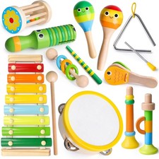 Wooden Musical Instruments for Toddlers, Tambourine Xylophone Castanet Flute Mar