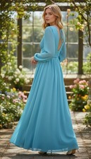 Azazie Blue Chiffon V-Neck Pleated Waist Long Sleeve Maxi Dress A14