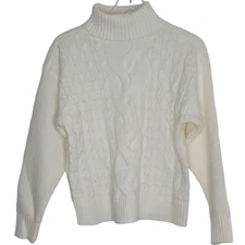 Alfani Wool Sweater L Turtleneck Ivory Cable Knit Classic Pullover Old Money