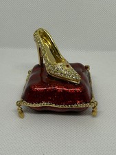 Rhinestone High Heel Shoe on Red Enamel Goldtone Metal Trinket Box