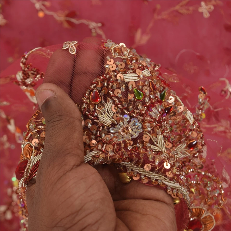 Velo de cuentas a mano de seda pura estola larga Dupatta india rosa vintage sánskriti Foto 4 de 4