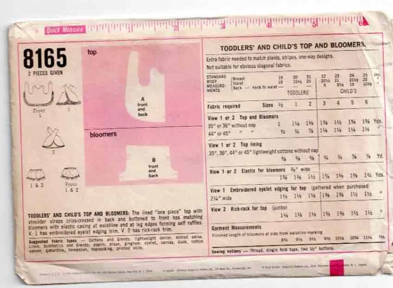 Kids Girls Top and Bloomers Pattern Simplicity 8165 Sz 1/2 1960's Vintage CC - Image 2 of 2