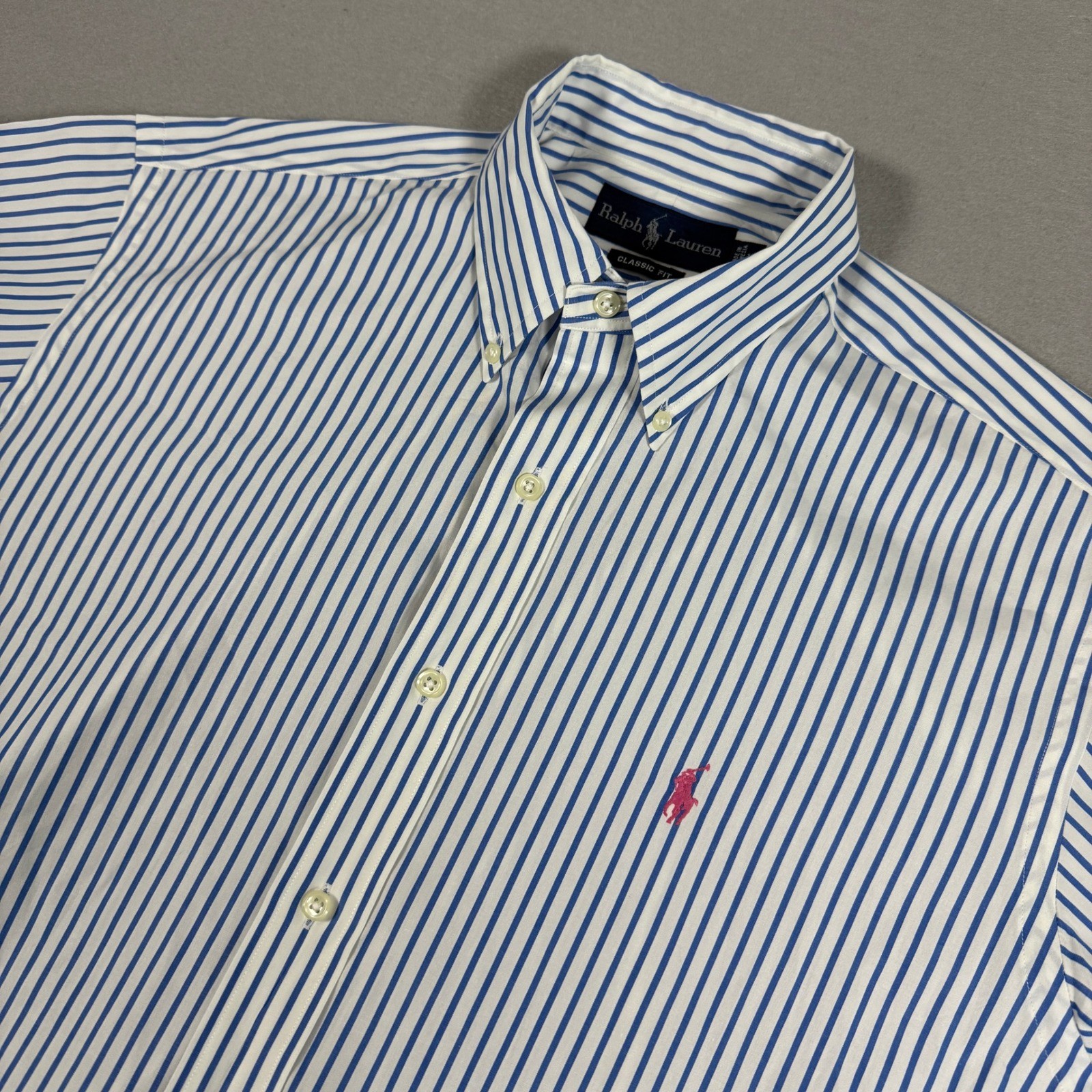 Ralph Lauren Mens Seersucker Medium Blue White Striped Pink Pony Classic Fit