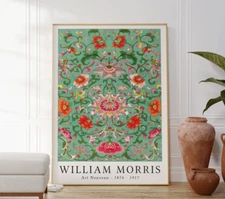 William Morris Green Art Nouveau Botanical Flower Illustration Print, Home Decor