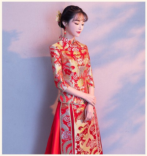 Chinese Traditional Women Wedding Dress Set Bride Red Embroidery Shirt and Skirt - Picture 5 of 11