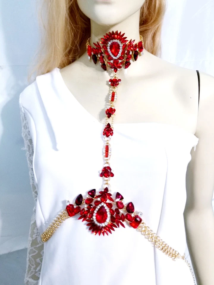 Rhinestone Body Belly Chain Crystal Bra Harness Large Red - Image 4 of 4