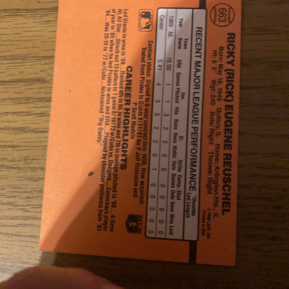 !! 1990 Donruss Rick Reuschel All-Star Card #663 ERROR - Image 2 of 3