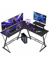 51" Carbon Fiber L Shaped Gaming Desk with LED Lights Hook Shelf Corner Table