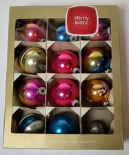12 Vintage Shiny Brite Mercury Glass Ornaments In SB Box Mika, Striped,