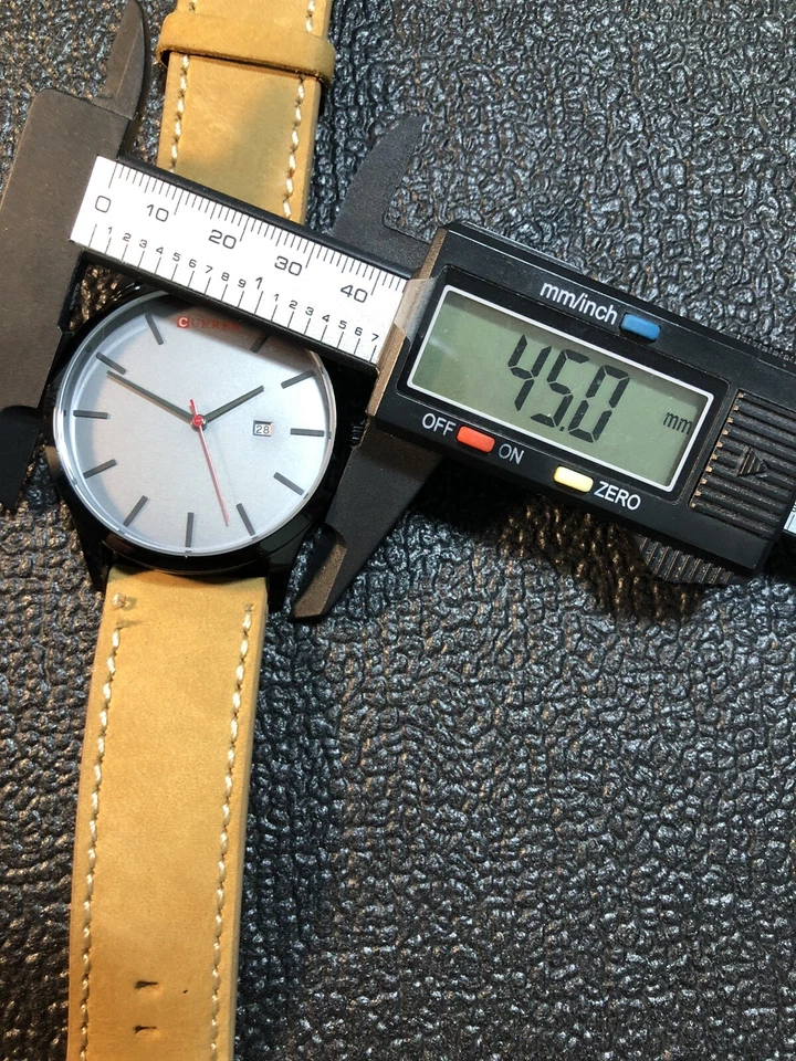 男式黑色石英表灰色表盘带日期棕色皮革表带 8 英寸 45 毫米全新电池 — 第 4/4 张图片