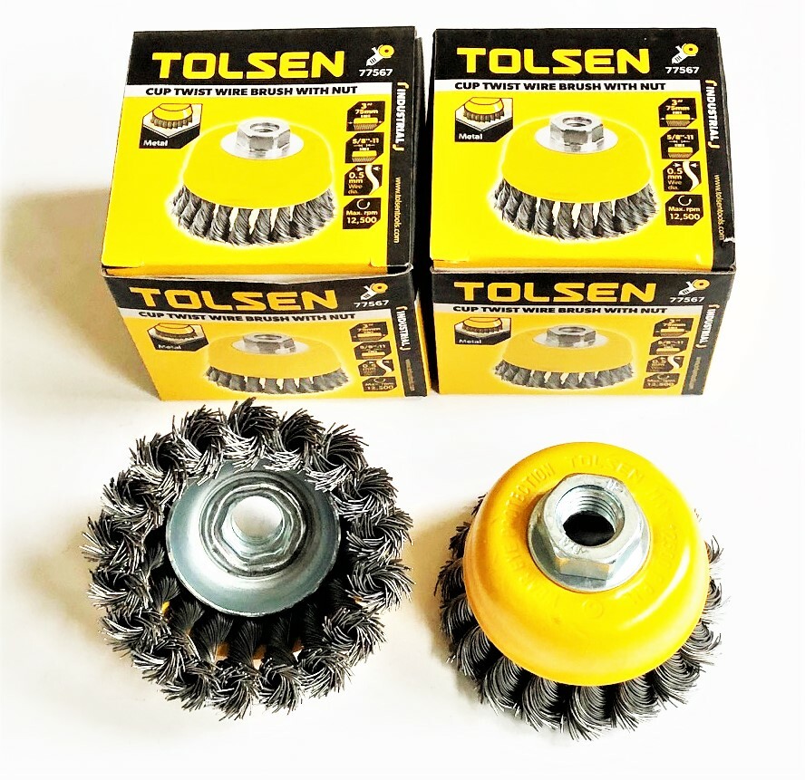 4 TOLSEN 3" CUP BRUSH KNOTTED TWISTED WIRE WHEELS ANGLE GRINDER 5/8"11