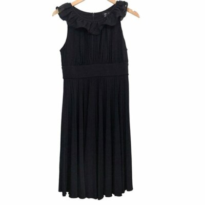 MAX CLEO Solid Black Pleated Sleeveless Ruffle Cocktail Party Modest LBD Dress 6