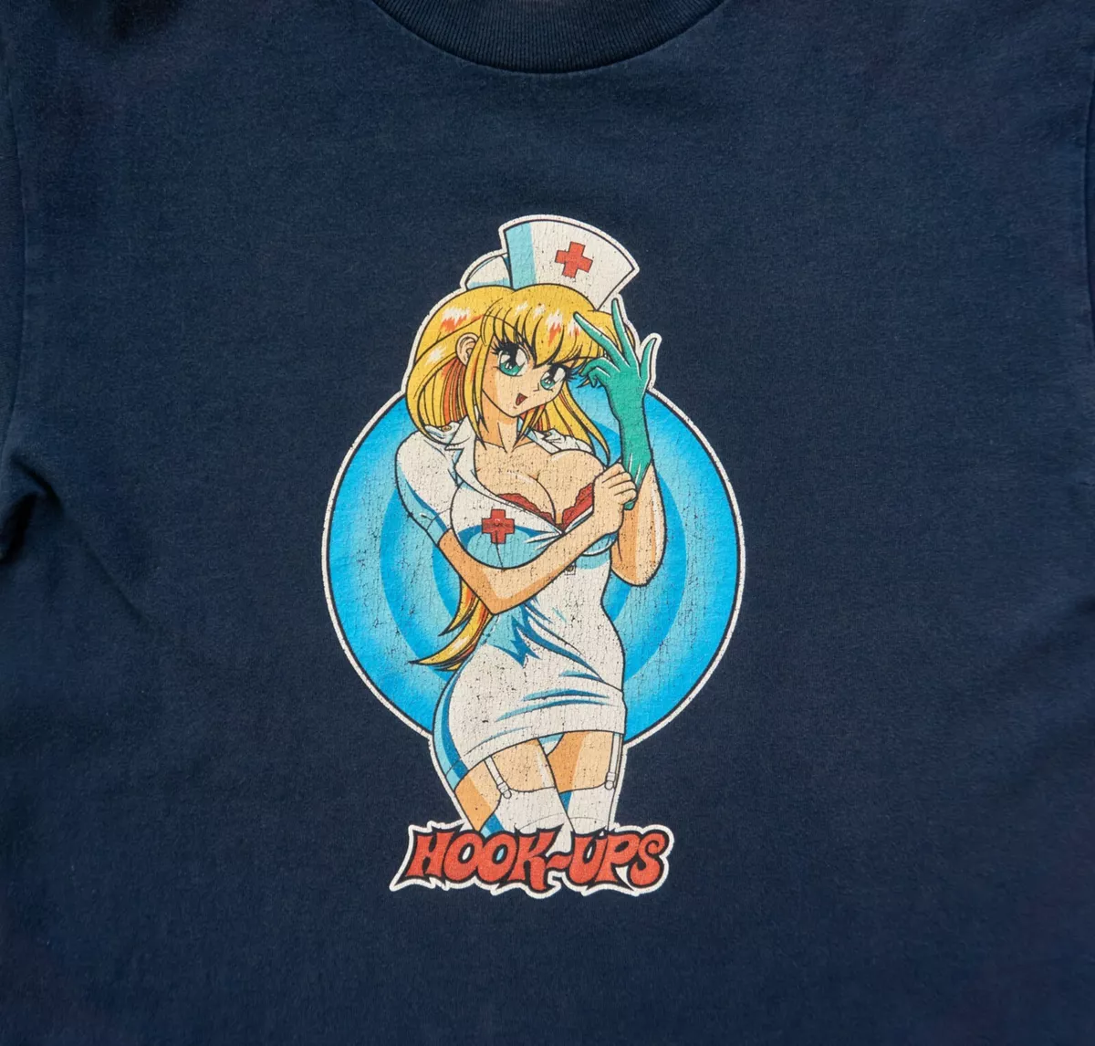 Vintage 90s HOOK-UPS Nurse Girl Daisy Navy Blue T-shirt, Size S, Made In USA