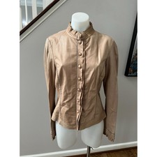 Gimo's Genuine 100% Leather Button Down Ruffled Shirt Jacket Blazer Tan Size 44