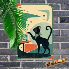 Black Cat Martini Glass Retro Metal Tin Sign Bar Pub Kitchen Wall Art