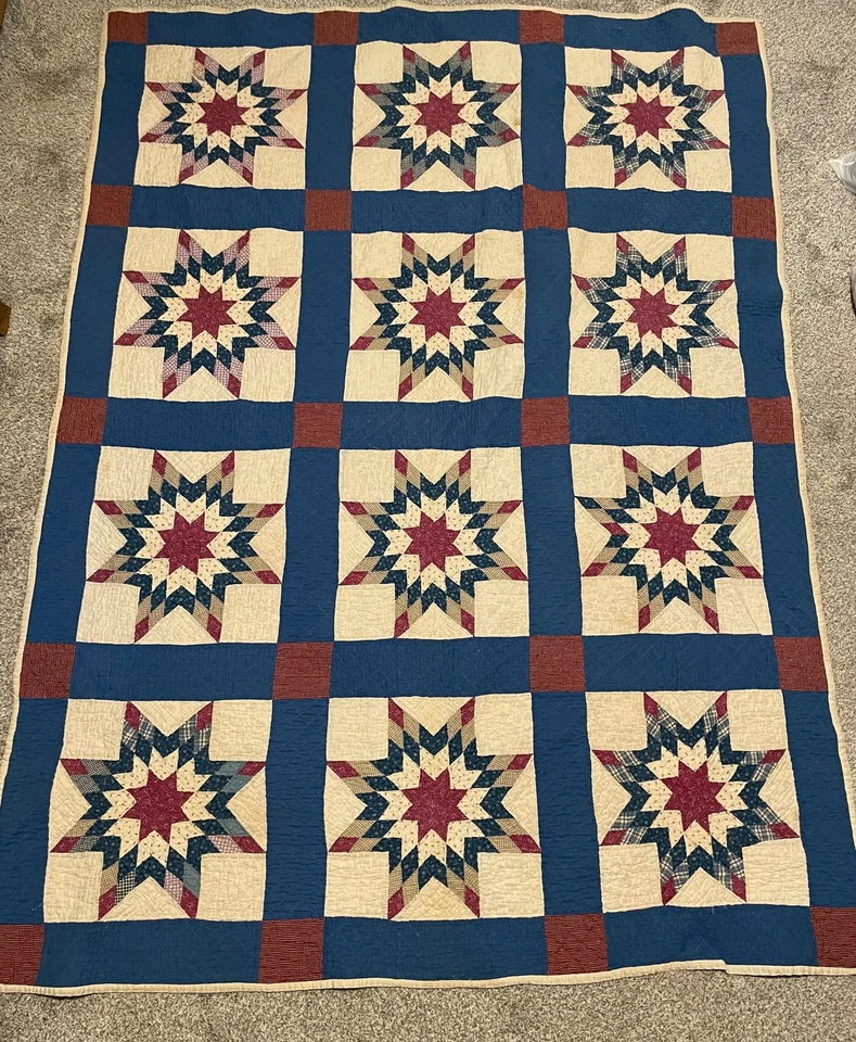 Edredón de retazos hecho a mano estrella de ocho puntos azul rojo crema acolchado a mano tiro LEER Foto 2 de 4