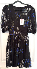 New DKNY dress sz 6 Black Shear Fit and Flare Blue white floral Fairy Grunge