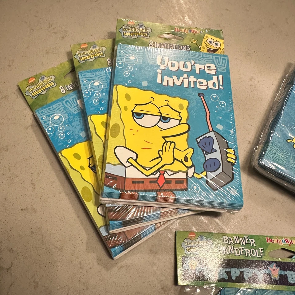 Vintage 2001 Spongebob Birthday Party Supplies New Banner Napkins Invitations - Image 2 of 4