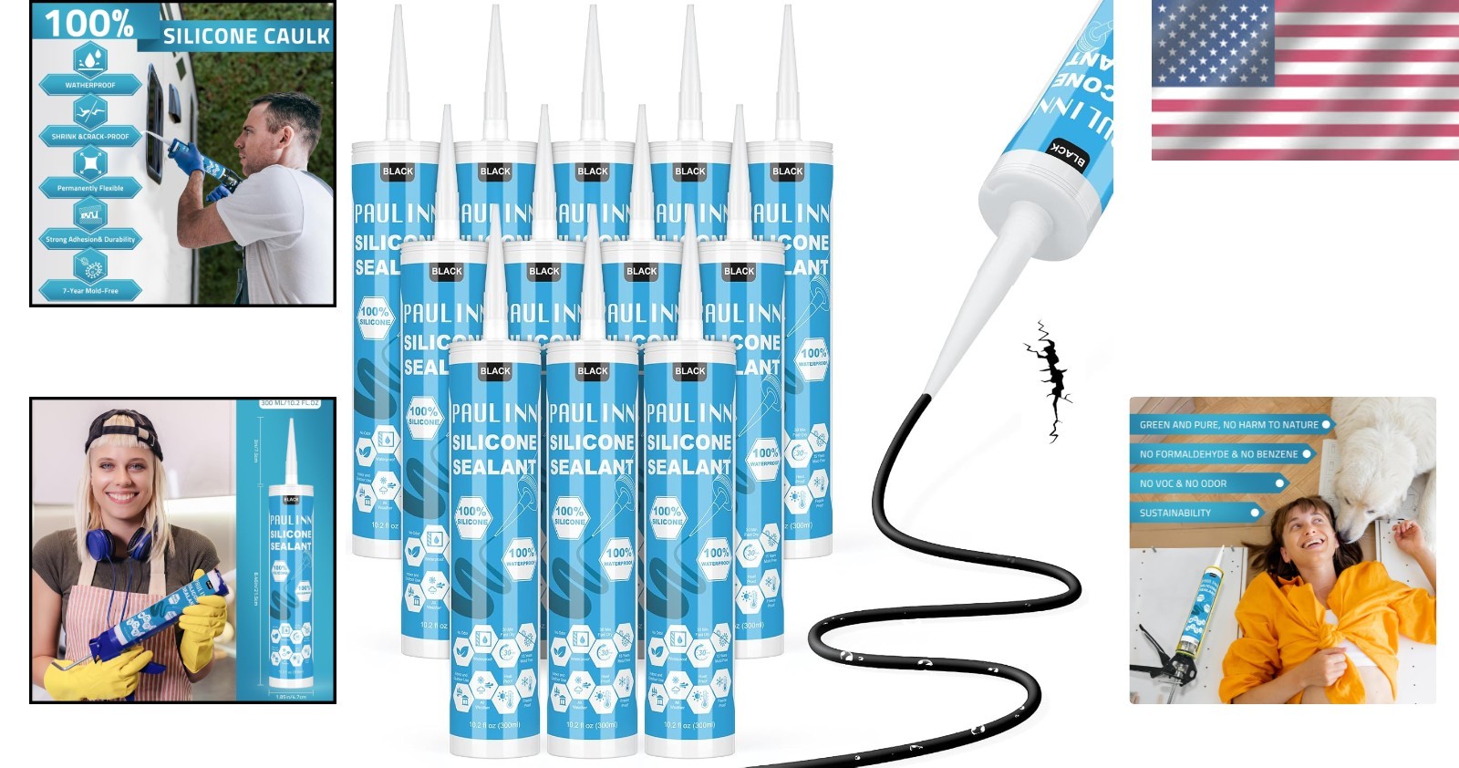 12-Pack Black Silicone Caulk - Weatherproof Sealant