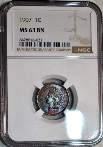 NGC MS-63 BN 1907 Indian Head Cent, Attractively Toned specimen.