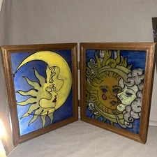 ❤️FAUX STAINED GLASS CELESTIAL/MOON/SUN DOUBLED FRAMED IMAGES BOTH 8x10