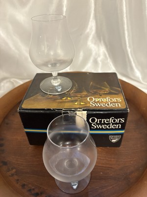 Vintage Pair Of Cognac Glasses Crystal Orrefors original box sticker