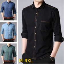Men Blouse Top Shirt Cotton Soft Denim Casual Plain Retro Fashion Formal Classic