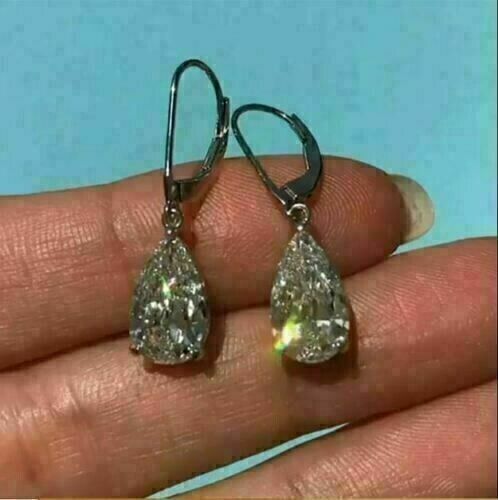 3.50Ct Pear Cut Created Diamond Drop Dangle Women Earrings 14K White Gold Finish - Picture 1 of 2