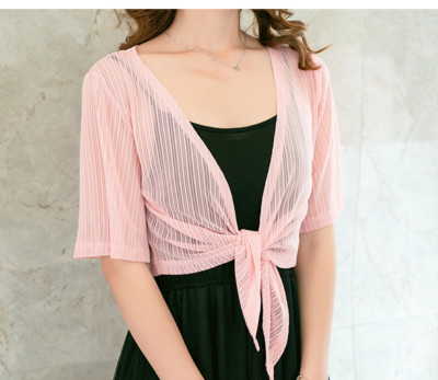 Womens Sheer Shrug Cardigan Tie Front 3/4 Sleeve Bolero Jacket