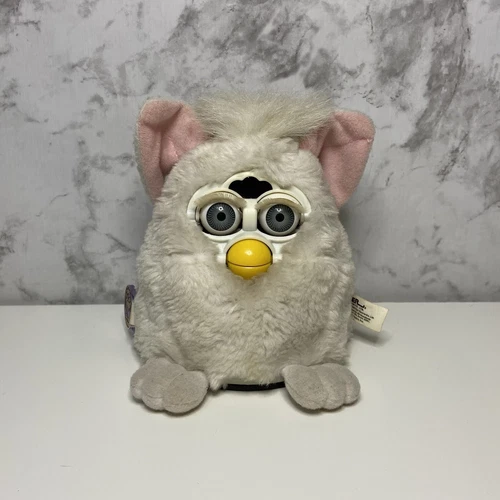 Vintage 1999 White Pink Furby Baby Electronic Plush White Eyelashes Blue Eyes