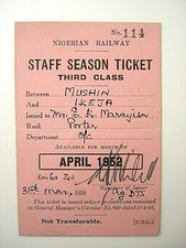Nigerian Railway Staff Season Ticket 3rd Cl Between Mushin & Ikeja #114 Apr 1952