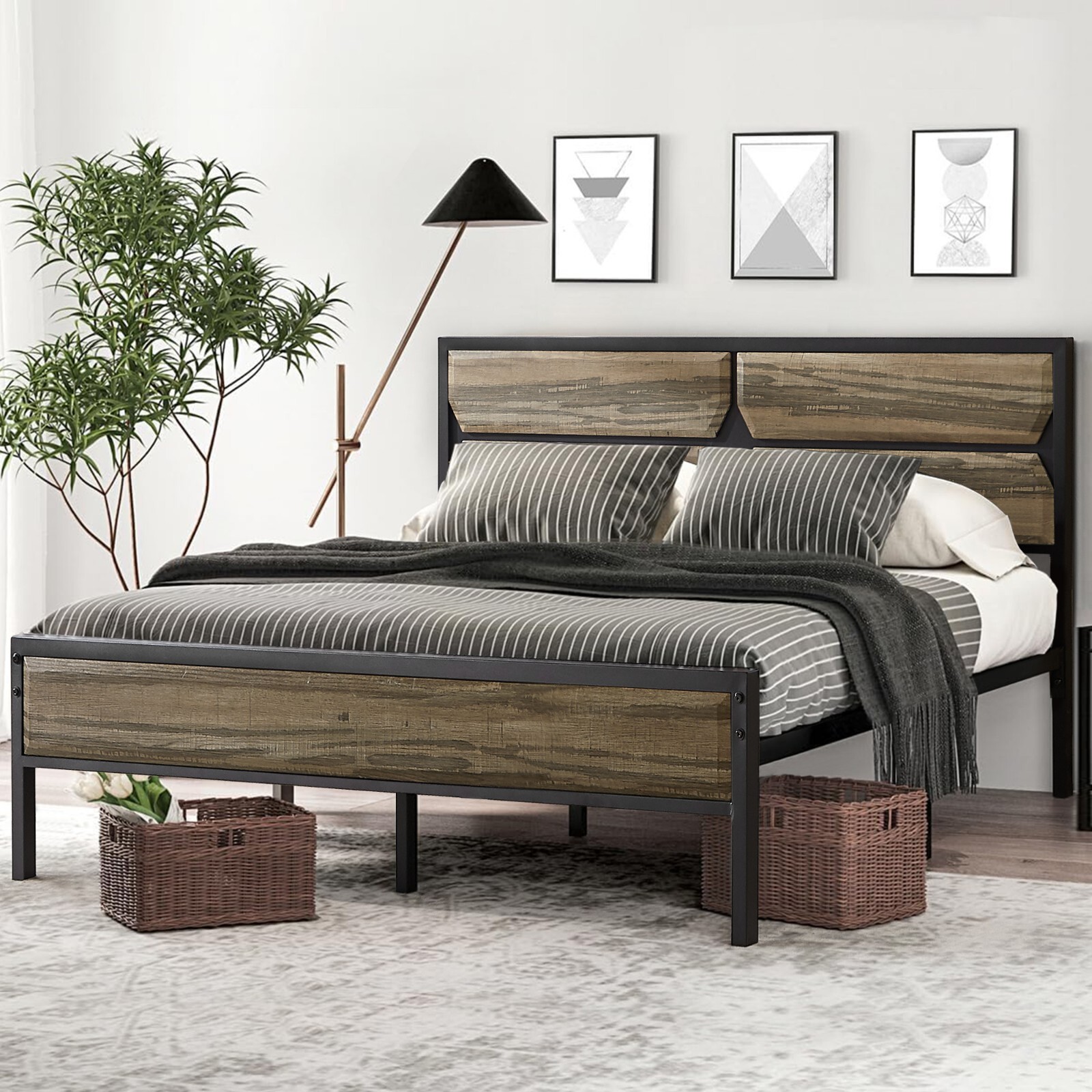 VECELO Single Double Size Bed Frame with Wooden Headboard Metal Platform Bed