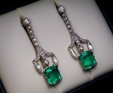 Art Deco Emerald & Lab-Created Diamond Engagement 14K White Gold Finish Earrings