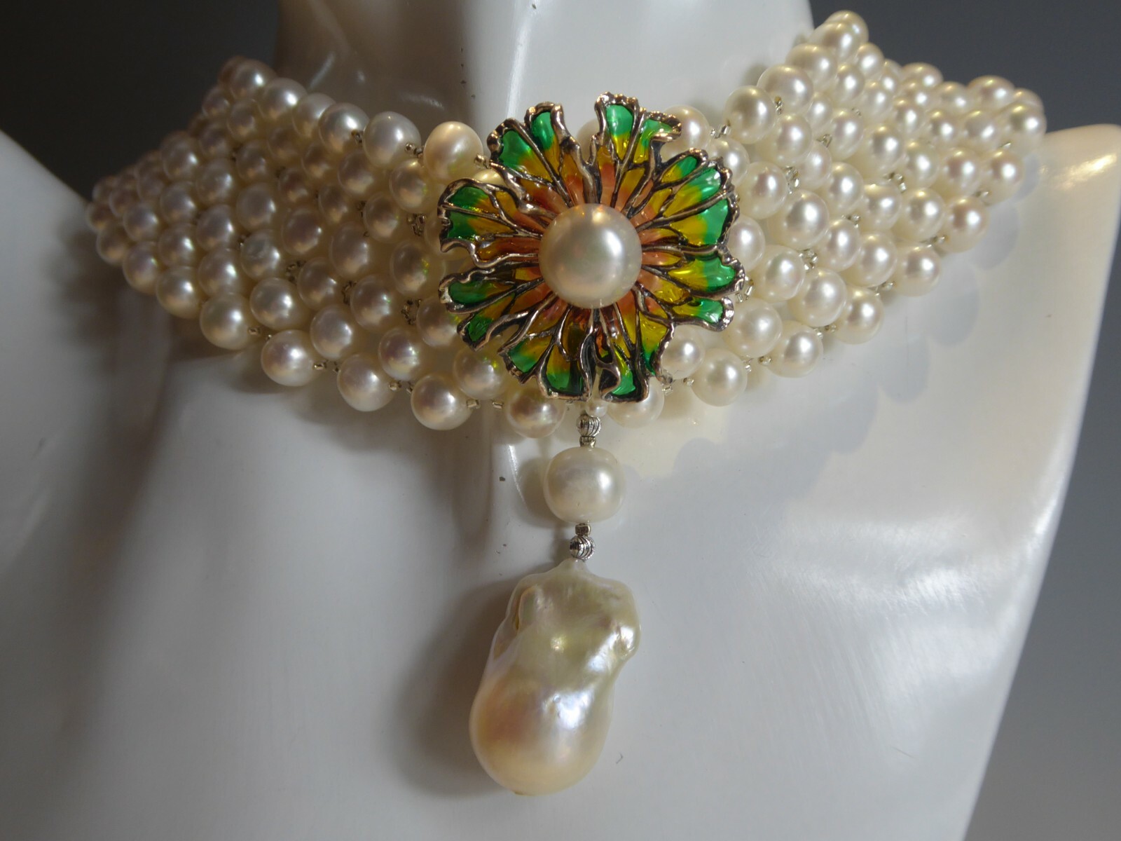 FINE SOLID SILVER REAL PEARL COLLAR NECKLACE - image 6
